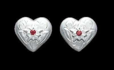 Bar-V Ranch  Earrings -Engraved Silver Hearts, Red Stones