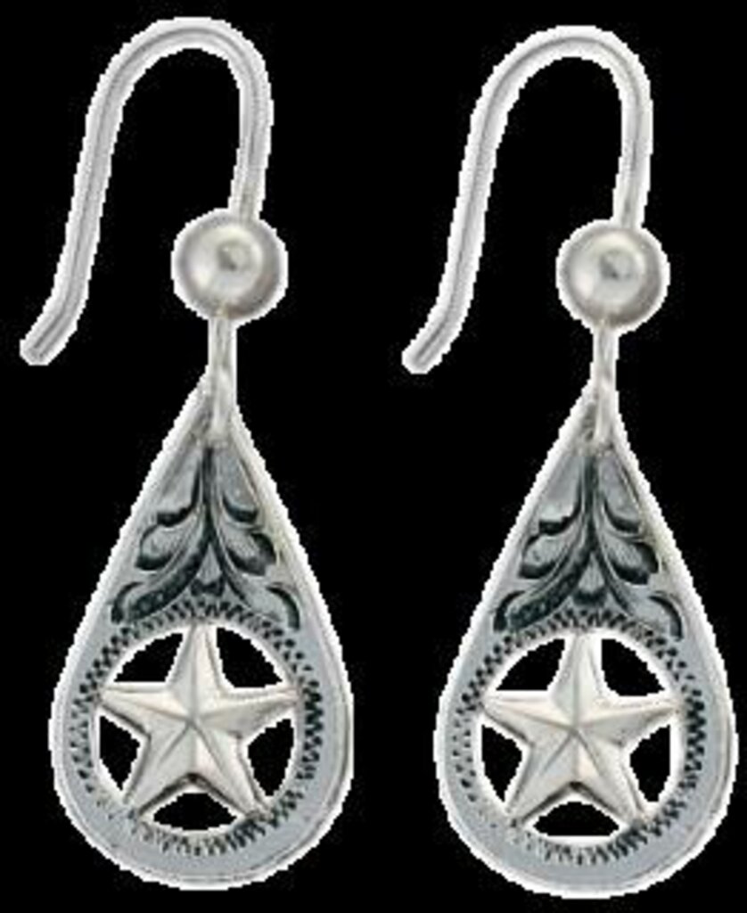 BarV Ranch, Earrings, Hand Engraved, Silver Teardrop, Star