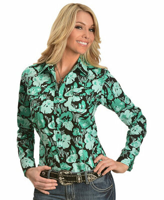 Wrangler Rock 47-Green & Black Floral & Rhinestone Long Sleeve Top